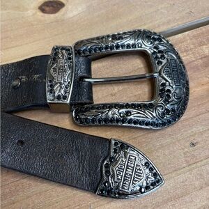 Harley-Davidson Black Leather Belt with Ornate Silver Buckle